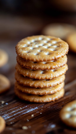 Macro shot of stacked round cracker cookies on a table with a blurred background emphasizing focus