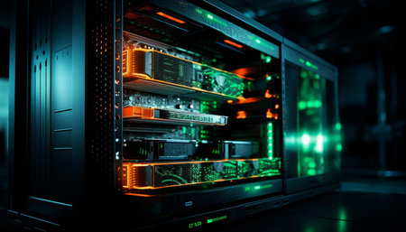 Close up of a futuristic server rack with glowing orange and green lights in an office setting