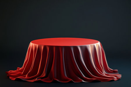 Stunning 3d render featuring a red tablecloth draped on a round podium with a black backdropの写真素材