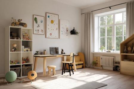 Bright and playful modern children's room with desk, wooden toys, and natural daylight accentsの写真素材