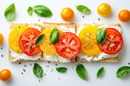 Colorful flatbread with cream cheese, tomatoes, and basil a healthy Italian snack for gatheringsの写真素材