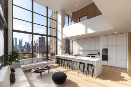 Stylish open concept living room and kitchen in nyc with modern design and city viewsの写真素材