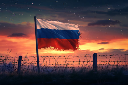 Dramatic sunset sky with flag behind barbed wire, symbolizing freedom and resilienceの写真素材