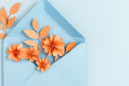 Pastel blue envelope filled with orange paper flowers on light background flat lay photography