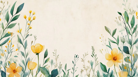 Watercolor spring background with yellow wildflowers, green leaves, and beige paper textureの写真素材