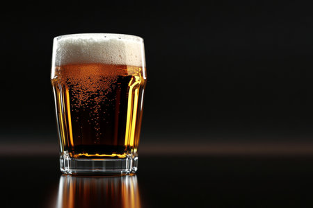 Commercial photography of a 3d rendered beer glass with foam against a dark backgroundの写真素材
