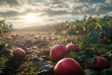 Stunning red apples in the field with beautiful lighting and cinematic compositionの写真素材