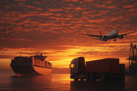 Cargo ship, container truck, and plane at dock under sunset showcasing global logistics industryの写真素材