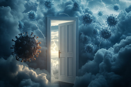 An open door beneath dark clouds and lightning, surrounded by floating shapes in an empty roomの写真素材