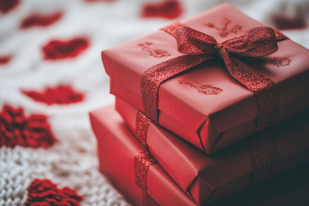 Close up of a stack of red gift boxes on a red and white background in studio lighting
