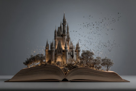 Enchanting illustration of a fairy tale castle from an open book surrounded by flying birdsの写真素材