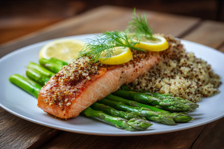 Artfully presented salmon fillet with quinoa and asparagus, garnished with lemon and dillの写真素材