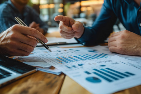 Business collaboration discussing plans and analyzing financial diagrams in the office settingの写真素材