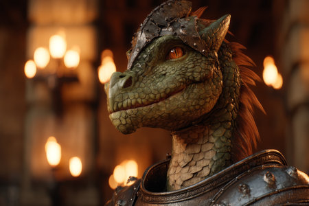 Cinematic 3d animation of a majestic green dragon in medieval armor within a castle s warm interiorの写真素材