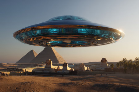 A transparent alien flying saucer hovers over giza pyramids and sphinxes in a desert landscapeの写真素材