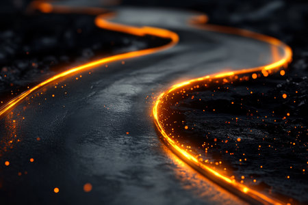 Futuristic abstract wallpaper featuring curved road with glowing light trails and bokeh effectsの写真素材