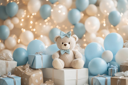 Charming teddy bear surrounded by gift boxes and pastel balloons in a magical bokeh settingの写真素材