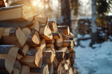 Close up of stacked firewood as person prepares pine wood for winter heating in natureの写真素材