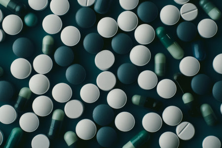 Close up of various medical tablets, including white pills and colorful capsules on displayの写真素材