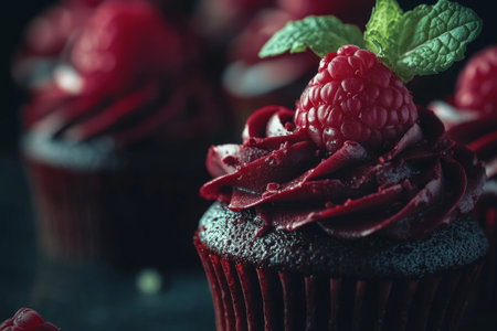 Indulgent chocolate cupcakes topped with raspberry and mint on dark background real photographyの写真素材