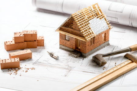 House construction blueprint with bricks and tools on white background for real estate projectsの写真素材