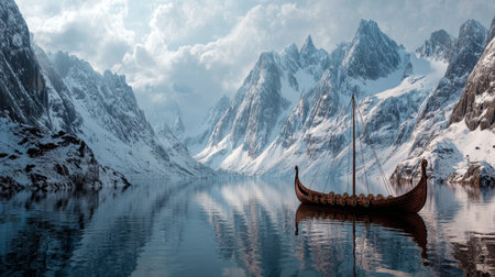 A viking longboat on an icy lake surrounded by majestic snow capped mountains in cinematic styleの写真素材