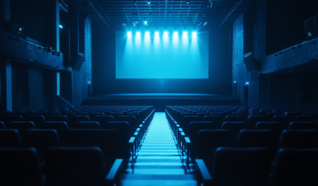 Mysterious atmosphere in an empty movie theater with blue lights awaiting a cinematic adventureの写真素材