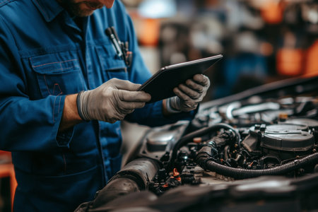 Mechanic in blue uniform using digital tablet to inspect car engine in garage settingの写真素材