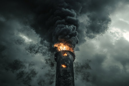 Factory chimney releasing dark smoke against gloomy sky a visual commentary on air pollutionの写真素材