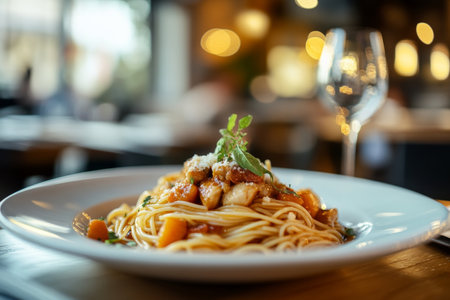 Delicious chicken and vegetable spaghetti on white plateの写真素材