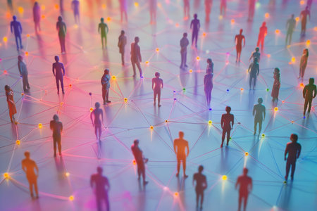 Colorful human figures on grid representing social network and community connections in 3d