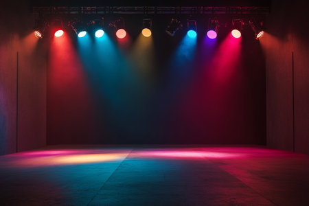 Vibrant abstract stage with colorful spotlights and dark backdrop for product presentation mockupの写真素材