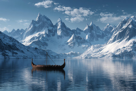 A viking longboat on an icy lake surrounded by majestic snow capped mountains in fantasy styleの写真素材