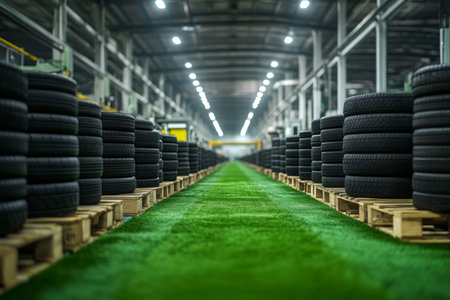 Tire production line with neatly stacked rubber blends and machines in a brightly lit factory spaceの写真素材