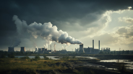 Cinematic depiction of a massive industrial power plant amidst pollution and environmental hazardsの写真素材