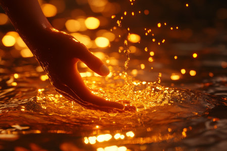 3d render of a woman s hand submerged in water with glowing golden light and bokeh effectの写真素材