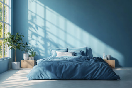 Minimalist 3d rendering of a blue bedroom interior featuring bed and nightstands by a windowの写真素材
