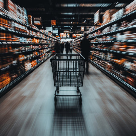 Lonely shopping cart in a bustling supermarket aisle captured in motion blur photography style
