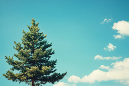 Minimalist retro photograph of a green pine tree under a blue sky with soft pastel tonesの写真素材