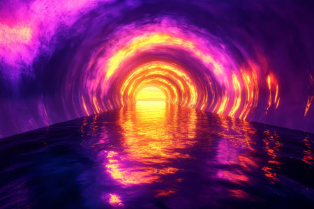 Psychedelic fantasy a colorful tunnel of light and reflections under a sunset skyの写真素材