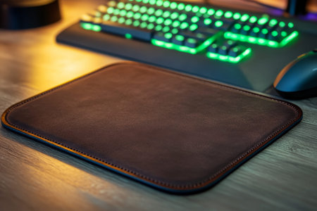 Dark brown leather gaming mouse pad with green led edges in front of rgb keyboard on wooden desk