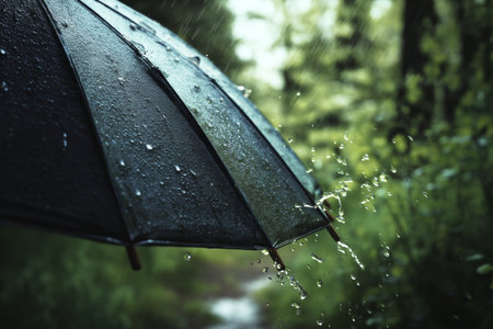 Close up of a rain soaked umbrella with green blurred nature background, evoking spring vibesの写真素材