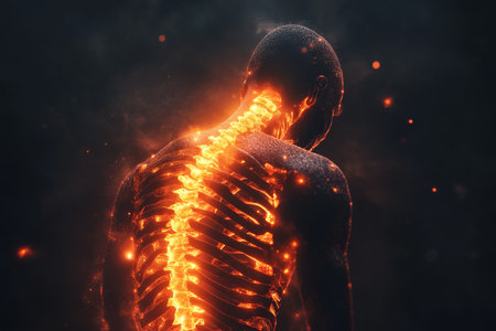 3d illustration depicting back pain with a glowing spine against a dark backgroundの写真素材