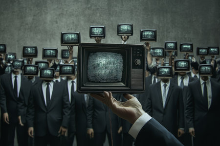 A hand controls an old television above men with tv heads in a gray settingの写真素材
