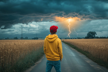 Young man in yellow hoodie and red cap watches lightning strike on country road with wheat field