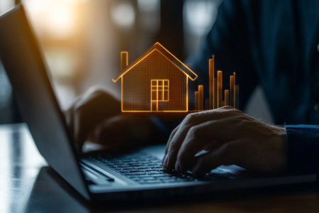 Businessman analyzing real estate trends with laptop and house icon on virtual screenの写真素材
