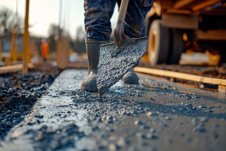 Close up of worker pouring concrete into form for new floor at construction site in daylightの写真素材