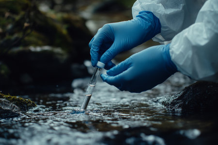 Close up of a gloved hand collecting water samples for environmental research near a river or lakeの写真素材