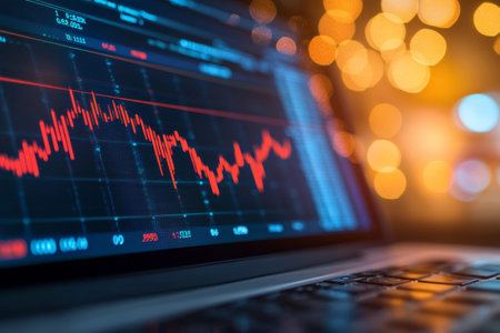 Close up of a laptop displaying stock market data and candlestick chart with blurred background