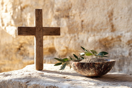 Wooden cross, ash bowl, and olive branch on stone table by ancient church wall on sunny dayの写真素材